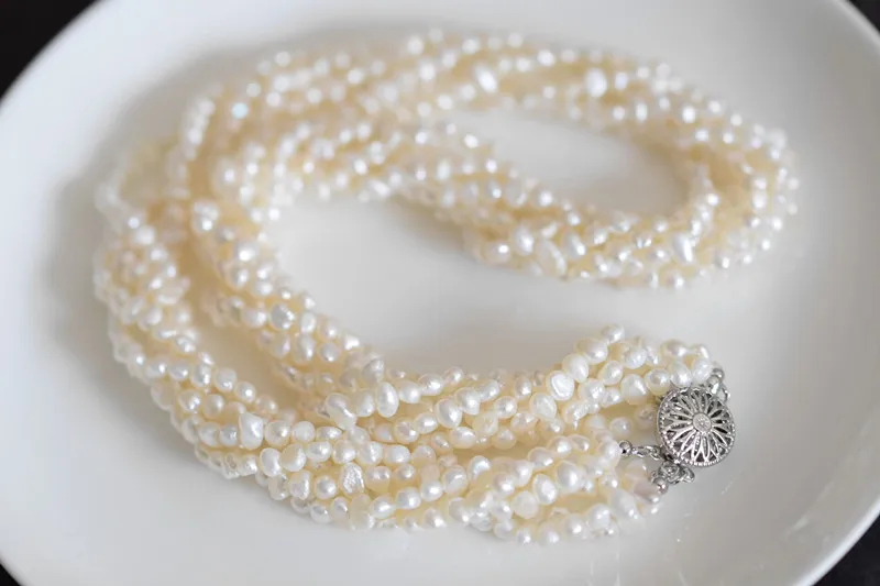 7rows sladkovodné perlou biela barokový 4-5mm náhrdelník 18-palcové FPPJ veľkoobchod korálky prírody 3