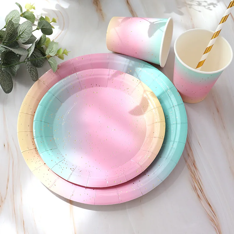 Gradient farba jednorázový riad nastaviť banket stôl dekorácie papier pohár tanieri slamy svadby, narodeniny, party dodávky 1