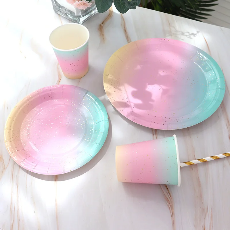 Gradient farba jednorázový riad nastaviť banket stôl dekorácie papier pohár tanieri slamy svadby, narodeniny, party dodávky 2