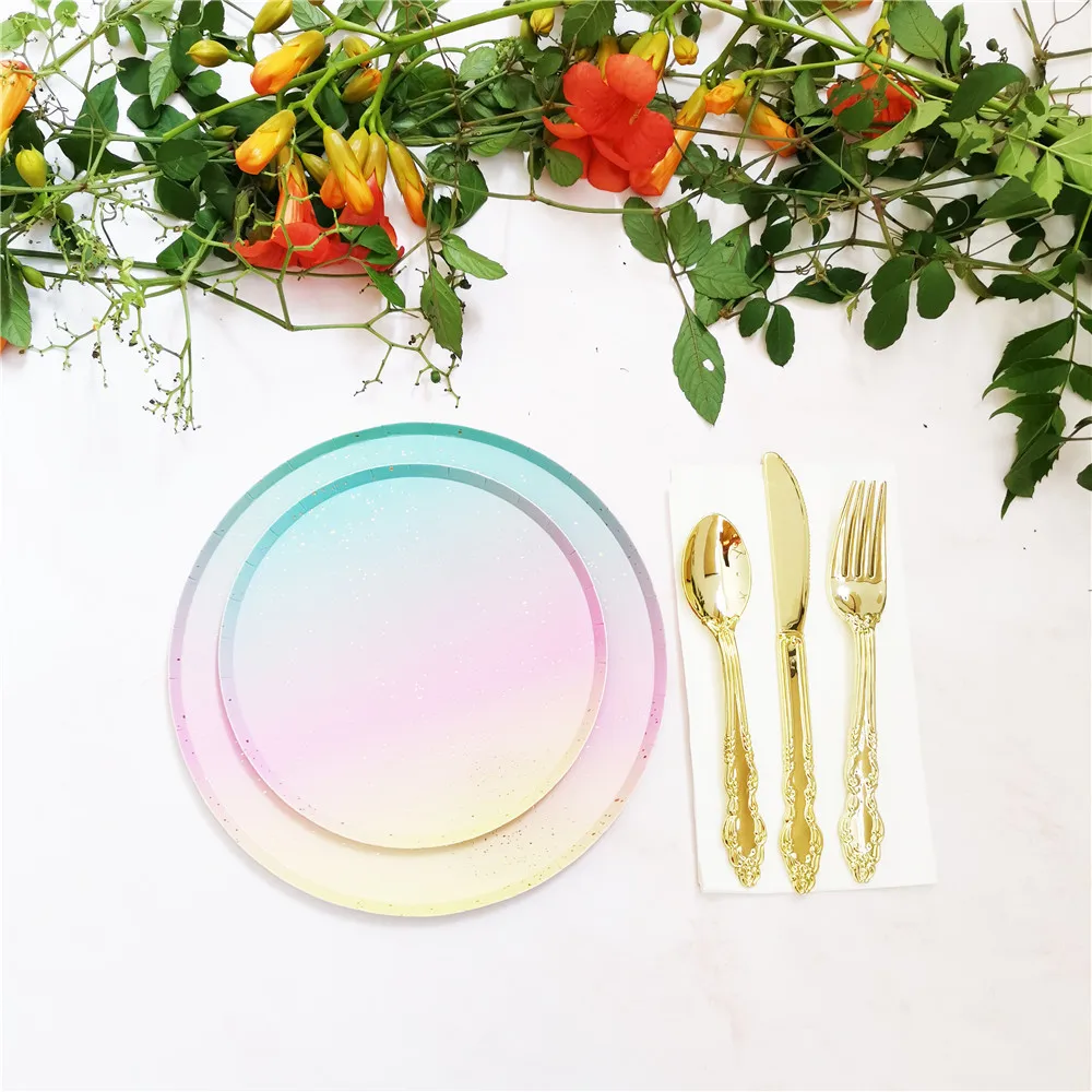 Gradient farba jednorázový riad nastaviť banket stôl dekorácie papier pohár tanieri slamy svadby, narodeniny, party dodávky 3