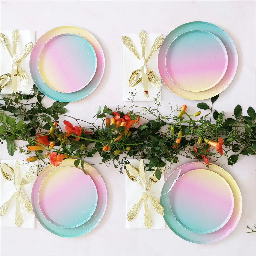 Gradient farba jednorázový riad nastaviť banket stôl dekorácie papier pohár tanieri slamy svadby, narodeniny, party dodávky 4