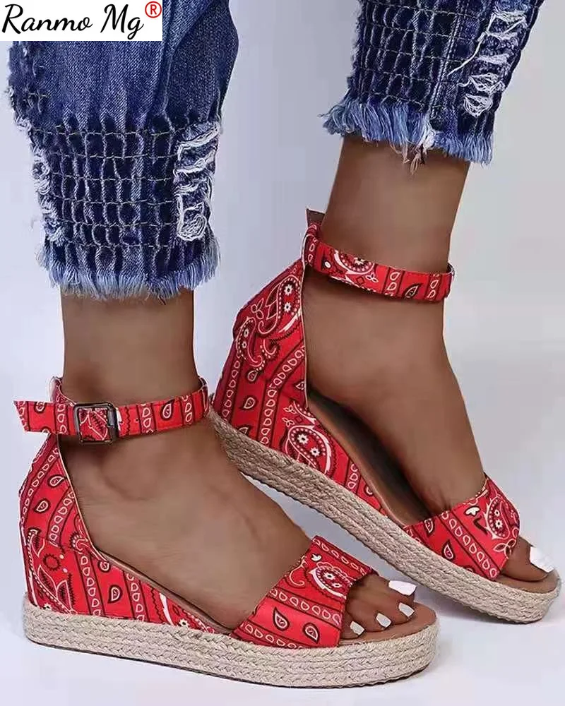 2021 Nové Topánky dámske Letné Pracky Popruhu Rímsky Štýl Kliny Väzbe Pláže Otvorené Prst Priedušná Sandále Retro Tlač Ženy Sandále 2