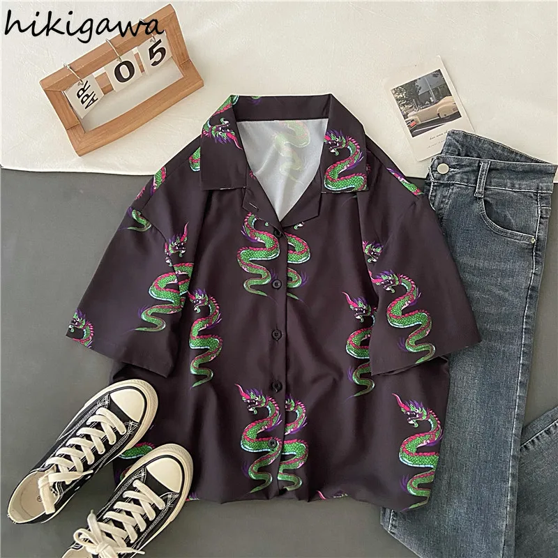 Hikigawa Dragon Tlač, Blúzky, Ženy Harajuku Vintage Streetwear Krátke Rukáv Tričko 2021 Lete kórejský Voľné BF Štýl Bežné Topy 2