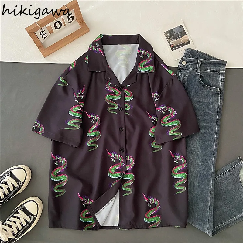 Hikigawa Dragon Tlač, Blúzky, Ženy Harajuku Vintage Streetwear Krátke Rukáv Tričko 2021 Lete kórejský Voľné BF Štýl Bežné Topy 4