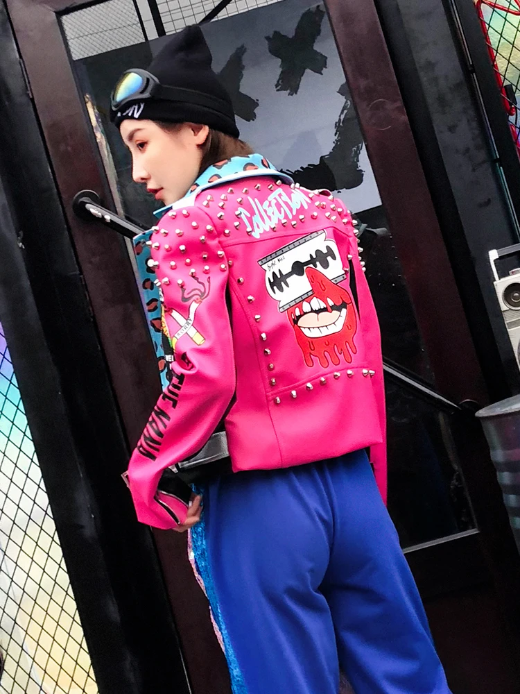 Punk Štýl Leopard Pu Kožené Bundy Jarné Ženy Graffiti Nity List Vytlačiť V Pohode Kabát Krátky Slim Multicolor Motocykel Coats 5
