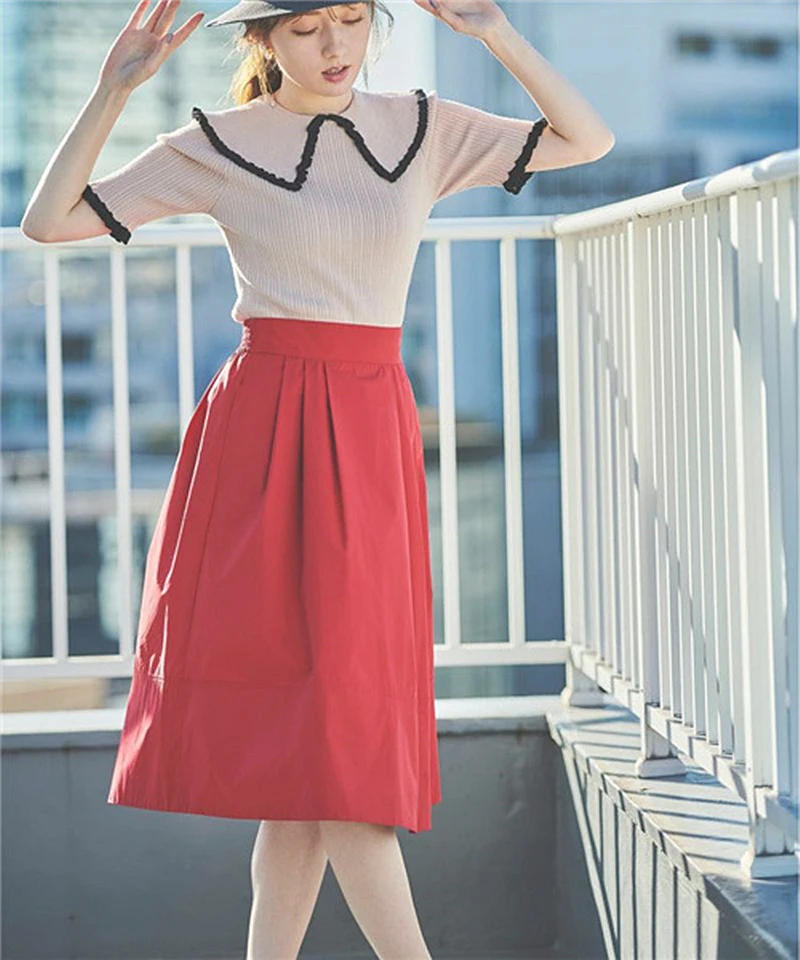 2021 jar nový produkt Japonský farbou späť elastické jednoduché mid-dĺžka sukne ženy 1