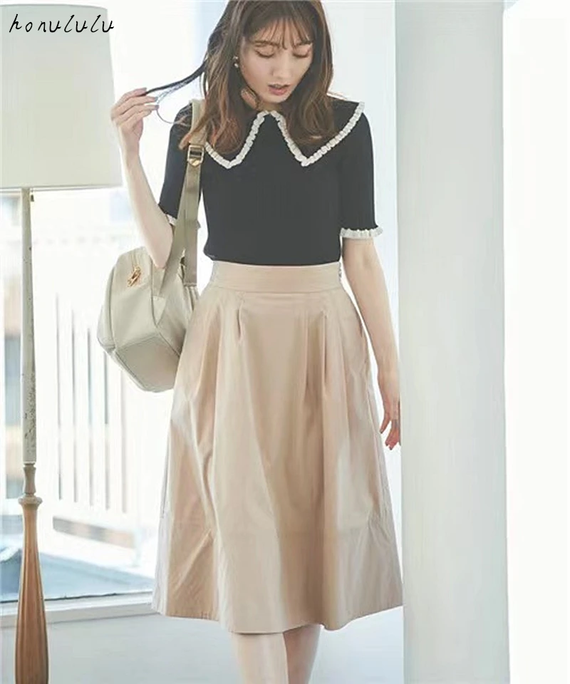 2021 jar nový produkt Japonský farbou späť elastické jednoduché mid-dĺžka sukne ženy 5