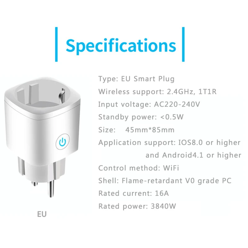 16A WIFI Smart Plug Power Monitor EÚ Plug Ovládanie Smart Časovač Bezdrôtový elektrická Zásuvka, Ovládanie Hlasom Alexa Prepínač Príslušenstvo 5