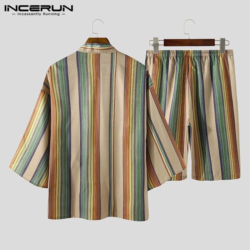 INCERUN Mužov Pruhované Pyžamo Nastavuje V Krku 3/4 Rukáv Sleepwear Kimono Harajuku Bežné Šortky Voľného času pánskych Pyžám Obleky S-5XL 0
