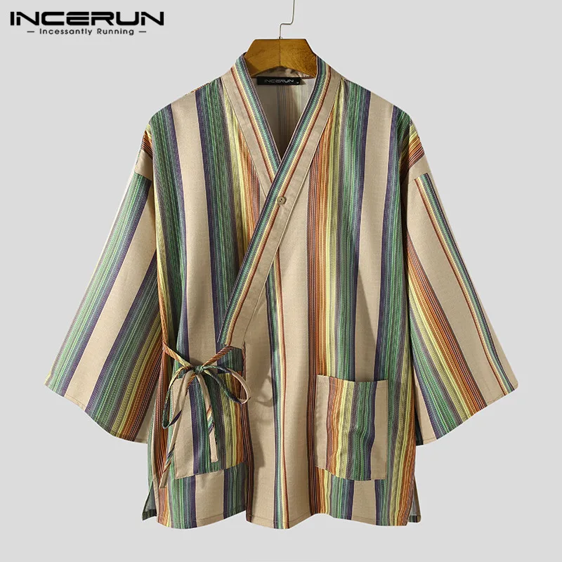 INCERUN Mužov Pruhované Pyžamo Nastavuje V Krku 3/4 Rukáv Sleepwear Kimono Harajuku Bežné Šortky Voľného času pánskych Pyžám Obleky S-5XL 3