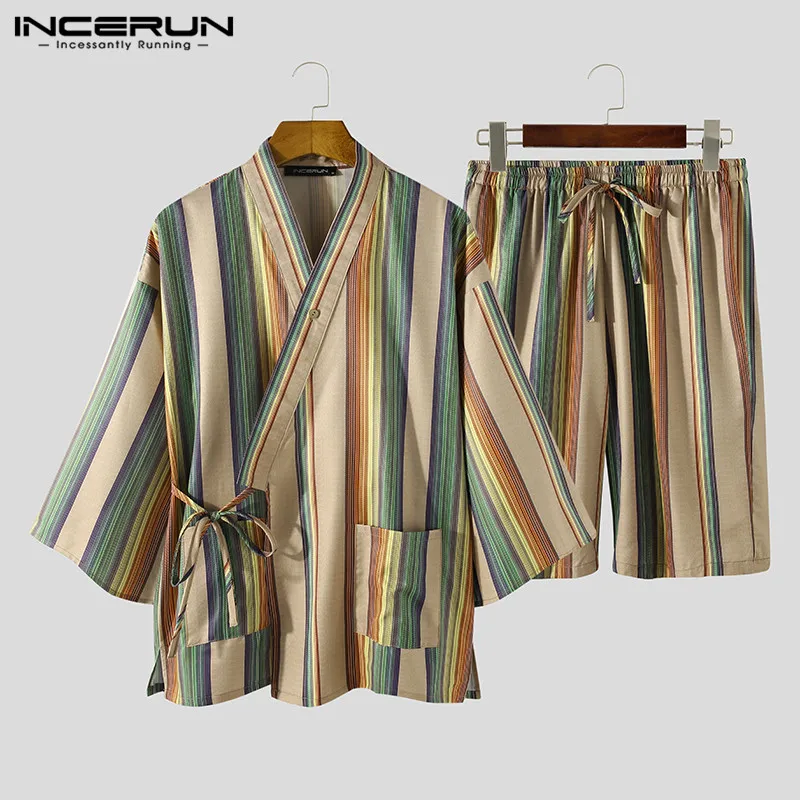 INCERUN Mužov Pruhované Pyžamo Nastavuje V Krku 3/4 Rukáv Sleepwear Kimono Harajuku Bežné Šortky Voľného času pánskych Pyžám Obleky S-5XL 5