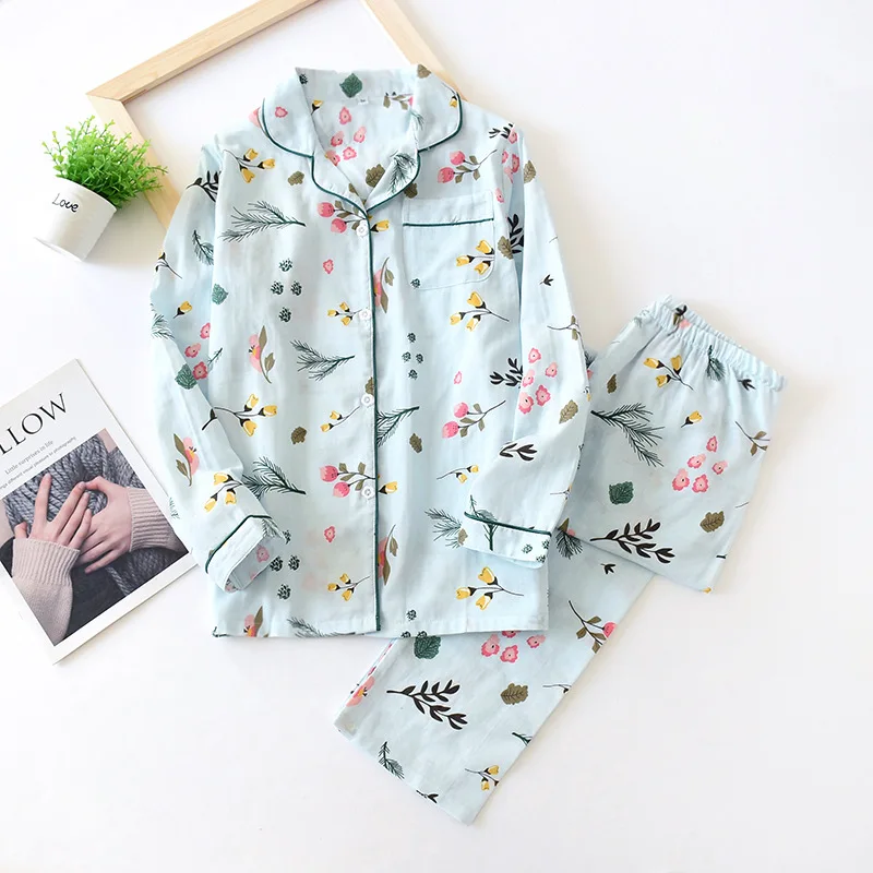 Kórea Čerstvé javorový list pajama sady ženy gázy bavlna, dlhý rukáv bežné sleepwear ženy pyžamá letné hot predaj 2020 1