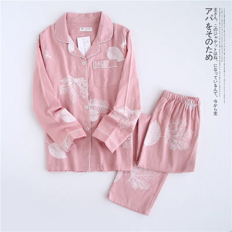 Kórea Čerstvé javorový list pajama sady ženy gázy bavlna, dlhý rukáv bežné sleepwear ženy pyžamá letné hot predaj 2020 2