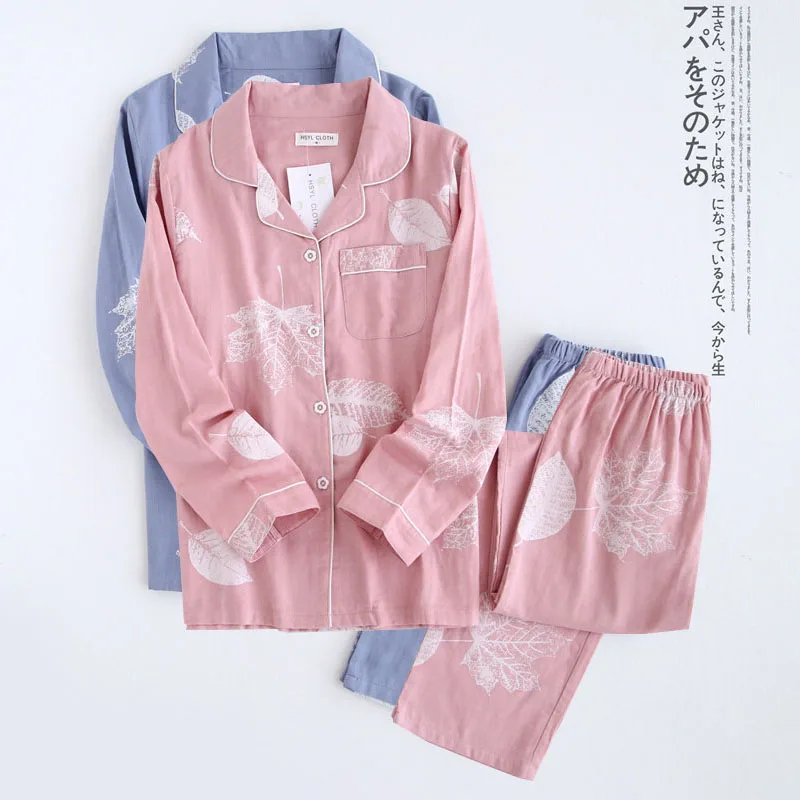 Kórea Čerstvé javorový list pajama sady ženy gázy bavlna, dlhý rukáv bežné sleepwear ženy pyžamá letné hot predaj 2020 3