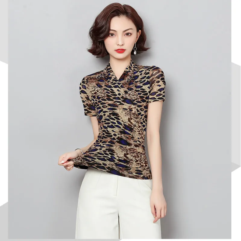 4XL plus veľkosť blusas mujer de moda dames blúzky zomer 2021 ženy košele Pravidelné Bežné Elastické leopard ženy blúzky 4800 50 4