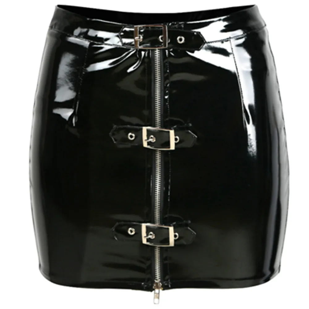 Black Mokrý Vzhľad Faux Latex Kožené Mini Sukne Sexy Ženy, Nastaviteľné Tlačidlo Zips Bodycon Sukne PVC Ceruzka Mini Sukne 2