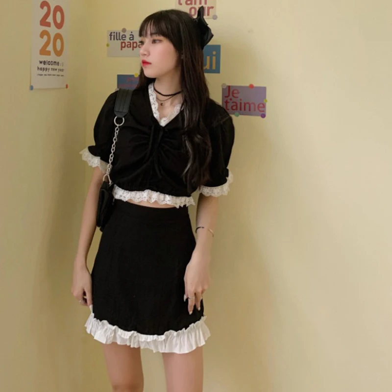 Čipky Vysoký Pás Mini Sukne Harajuku Black E-Dievča Sladké A-Line Micro Sukne Patchwork Ženy Sexy Party Oblečenie 3