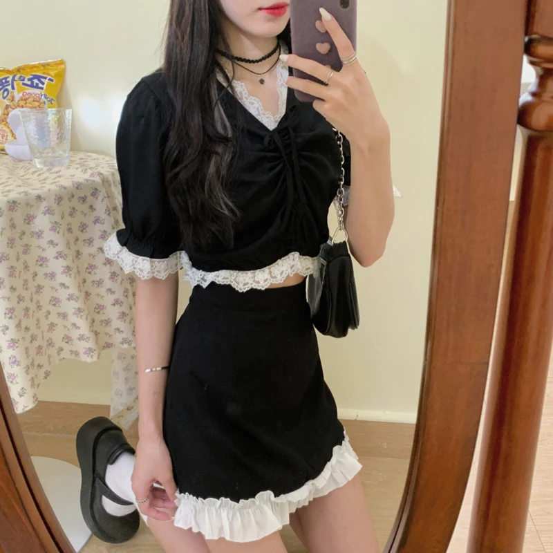 Čipky Vysoký Pás Mini Sukne Harajuku Black E-Dievča Sladké A-Line Micro Sukne Patchwork Ženy Sexy Party Oblečenie 4