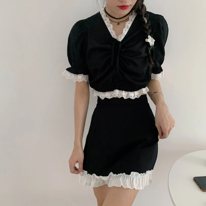 Čipky Vysoký Pás Mini Sukne Harajuku Black E-Dievča Sladké A-Line Micro Sukne Patchwork Ženy Sexy Party Oblečenie 5