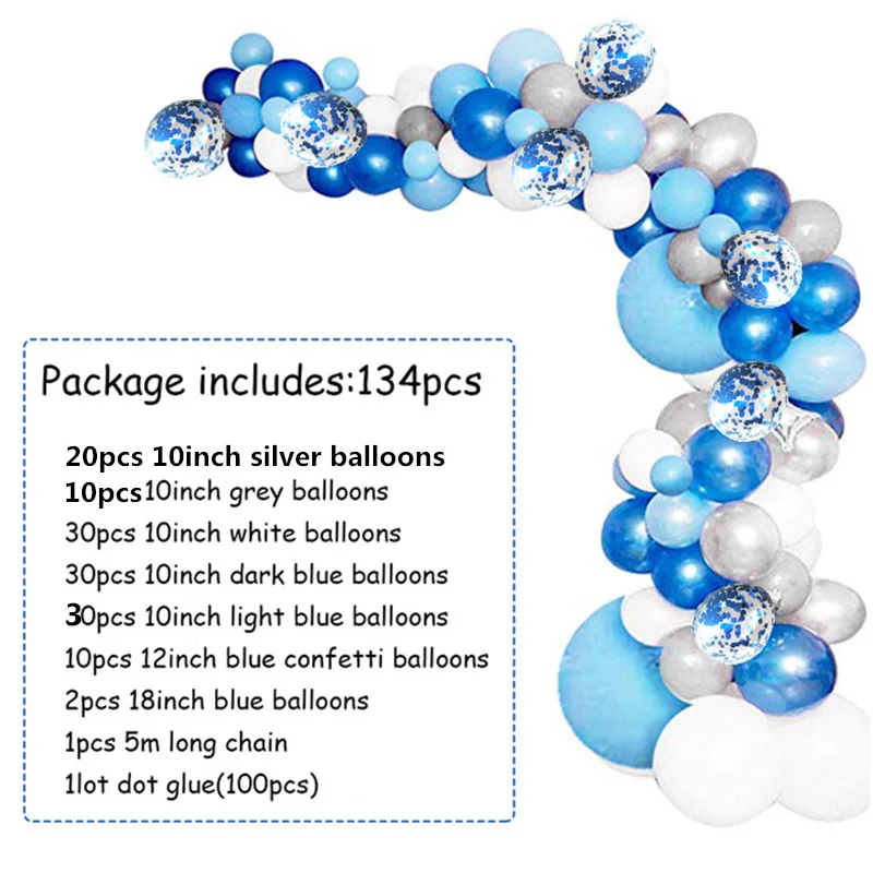 134pcs Modrý Balón Garland Arch Súprava Biela Sivá Modrá Konfety Latexové Balóny Baby Sprcha Svadby, Narodeniny, Party Dekorácie 0