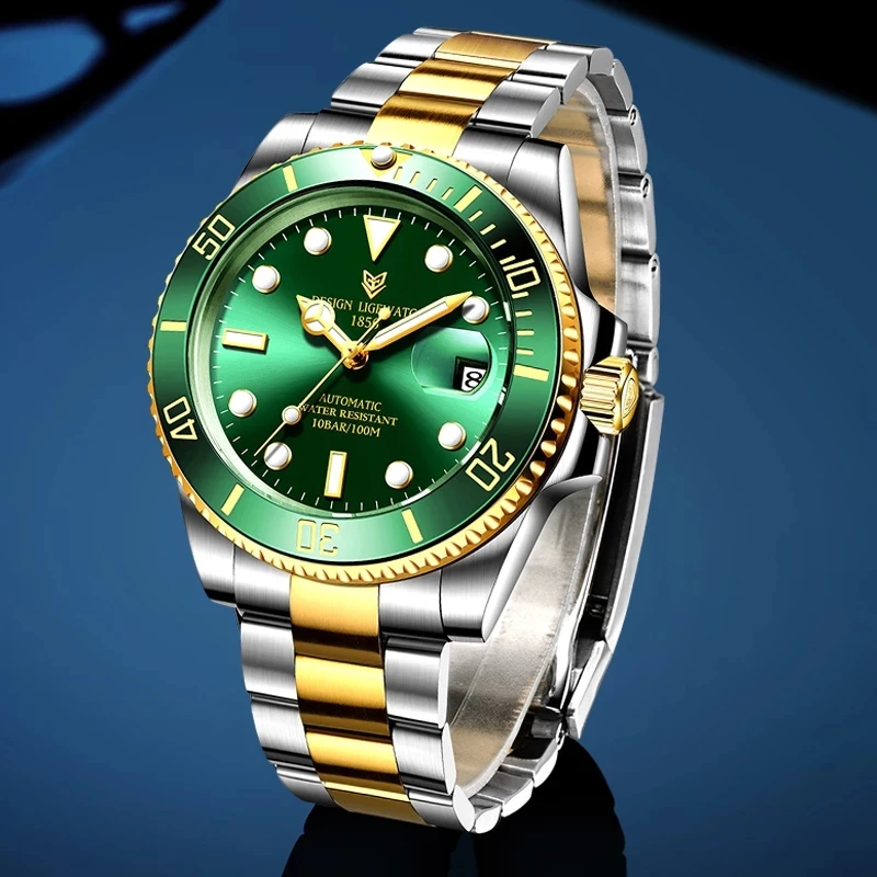 LIGE DIZAJN 40 mm Mužov Náramkové hodinky Zlato Zelená Hodiny Nehrdzavejúcej Ocele, 100M Vodotesné Chronograf Módne Luxusné Mechanické Hodinky 1