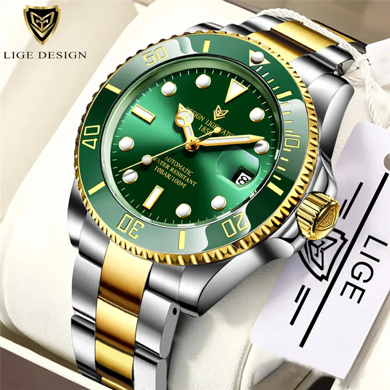LIGE DIZAJN 40 mm Mužov Náramkové hodinky Zlato Zelená Hodiny Nehrdzavejúcej Ocele, 100M Vodotesné Chronograf Módne Luxusné Mechanické Hodinky 2