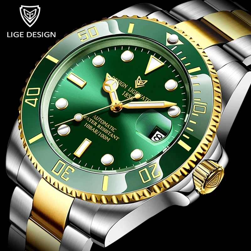 LIGE DIZAJN 40 mm Mužov Náramkové hodinky Zlato Zelená Hodiny Nehrdzavejúcej Ocele, 100M Vodotesné Chronograf Módne Luxusné Mechanické Hodinky 3