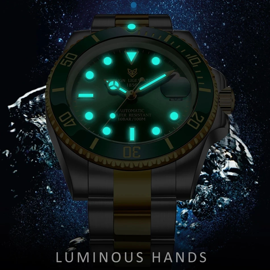 LIGE DIZAJN 40 mm Mužov Náramkové hodinky Zlato Zelená Hodiny Nehrdzavejúcej Ocele, 100M Vodotesné Chronograf Módne Luxusné Mechanické Hodinky 4