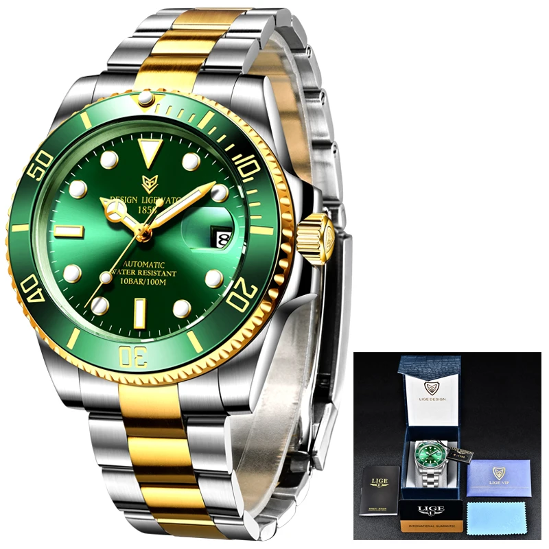 LIGE DIZAJN 40 mm Mužov Náramkové hodinky Zlato Zelená Hodiny Nehrdzavejúcej Ocele, 100M Vodotesné Chronograf Módne Luxusné Mechanické Hodinky 5
