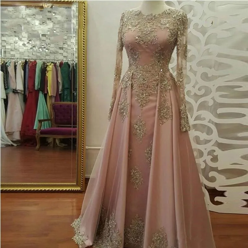 Blush Rose Gold Dlhý Rukáv Večerné Šaty Pre Ženy Nosia Čipky Appliques Crystal Abiye Dubaj Kaftane Moslimských Prom Party Šaty 4