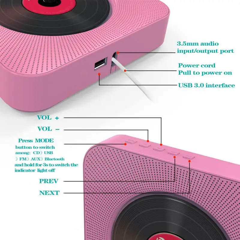 Steny Pripojiteľný CD Prehrávač USB Bluetooth Domáce Audio Boombox CD Prehrávač Hudby pomocou Diaľkového Ovládania Vstavaný HiFi Reproduktory, FM Rádio 4