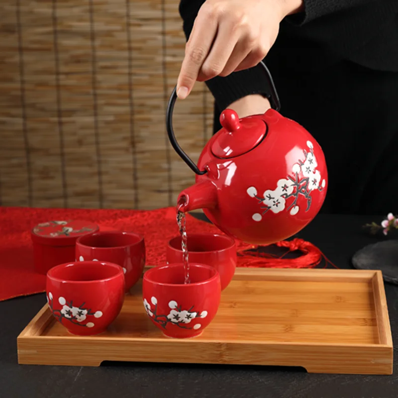 Nádherné Keramické Slivkové Kvety Čaj Nastaviť Filter Kanvica Ručné Kanvica Teacups Čínsky Štýl, Svadobné Červená Teaware Luxusné Darčeky 0