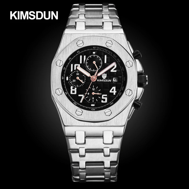 KIMSDUN pánske hodinky módne oceľový pás tri-oko vodotesný, multi-funkcia automatického mechanické hodinky pánske hodinky 0