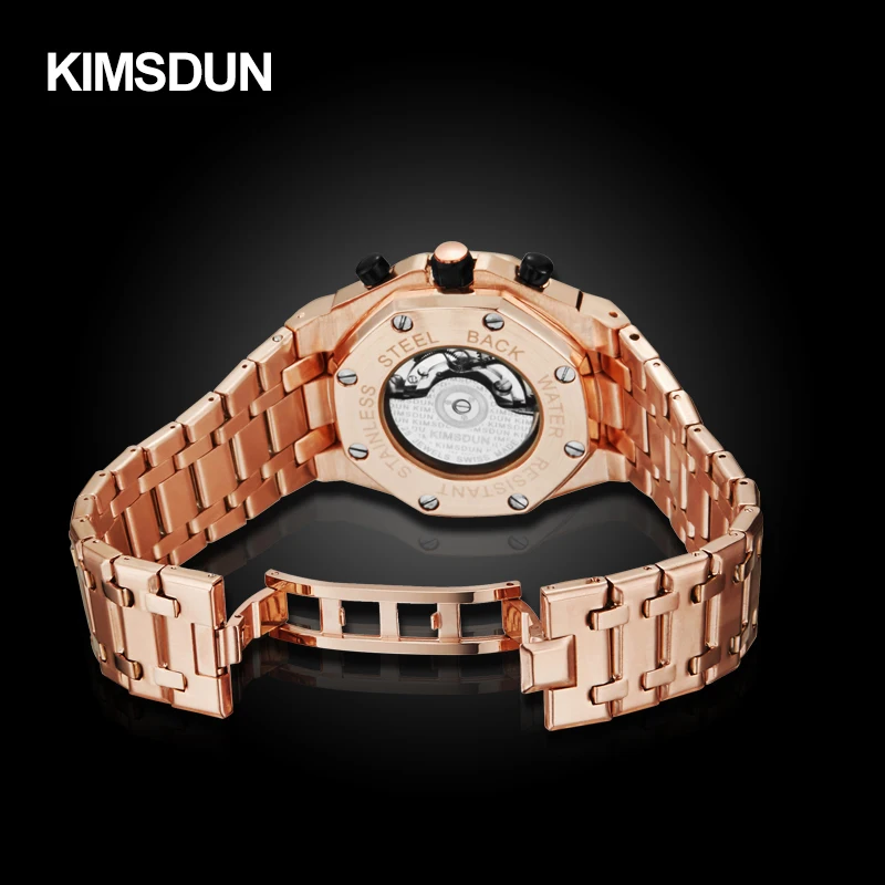 KIMSDUN pánske hodinky módne oceľový pás tri-oko vodotesný, multi-funkcia automatického mechanické hodinky pánske hodinky 1