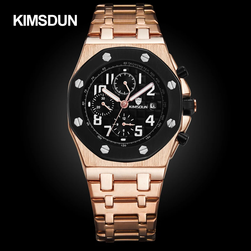 KIMSDUN pánske hodinky módne oceľový pás tri-oko vodotesný, multi-funkcia automatického mechanické hodinky pánske hodinky 2