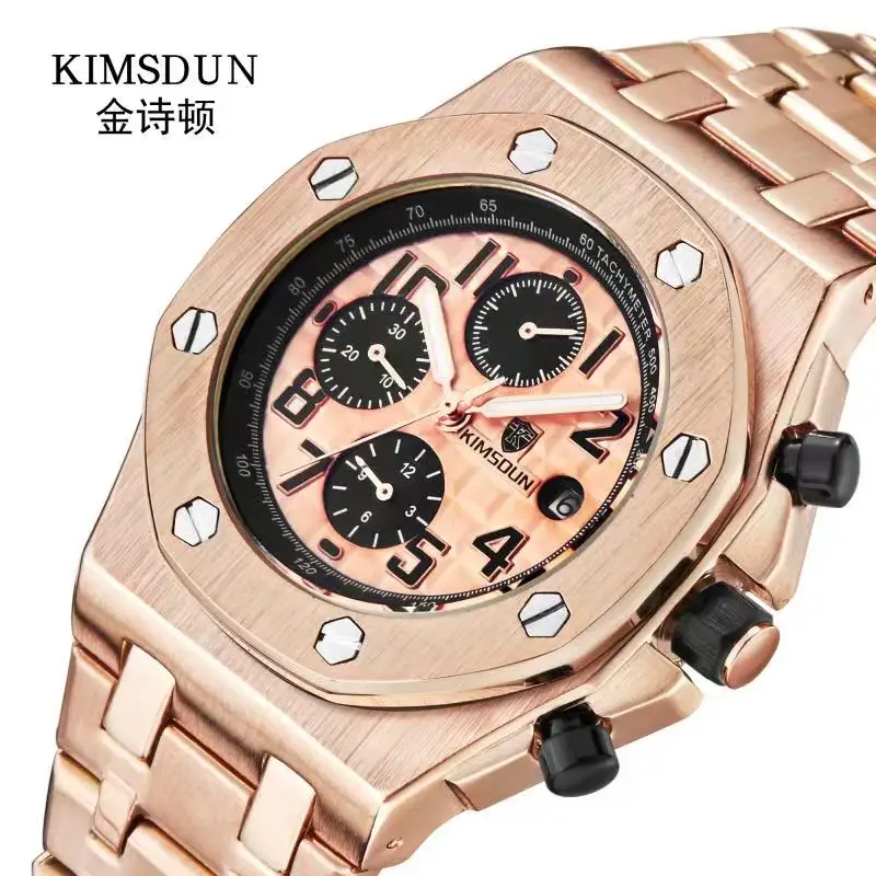 KIMSDUN pánske hodinky módne oceľový pás tri-oko vodotesný, multi-funkcia automatického mechanické hodinky pánske hodinky 3
