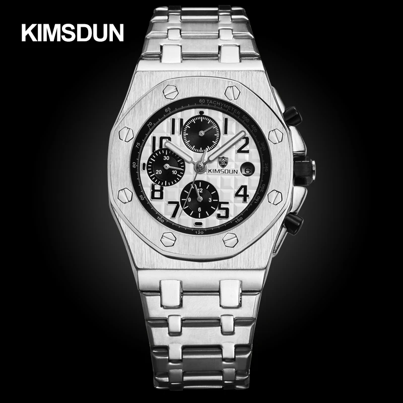 KIMSDUN pánske hodinky módne oceľový pás tri-oko vodotesný, multi-funkcia automatického mechanické hodinky pánske hodinky 4