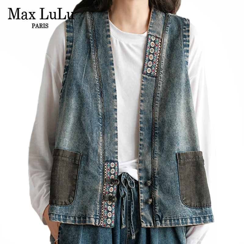 Max LuLu Čínsky Styl Designer 2021 Dievčatá Vintage Denim Vesta Coats Ženy Bežné Odevy Bez Rukávov Žena Nadrozmerné Viest, 0