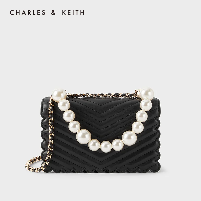 CHARLES＆KEITH Nový Príchod na Spring2021CK2-80151021-1Women je taška cez rameno s pearl výzdoba V tvare vzor kryt kabelka 2