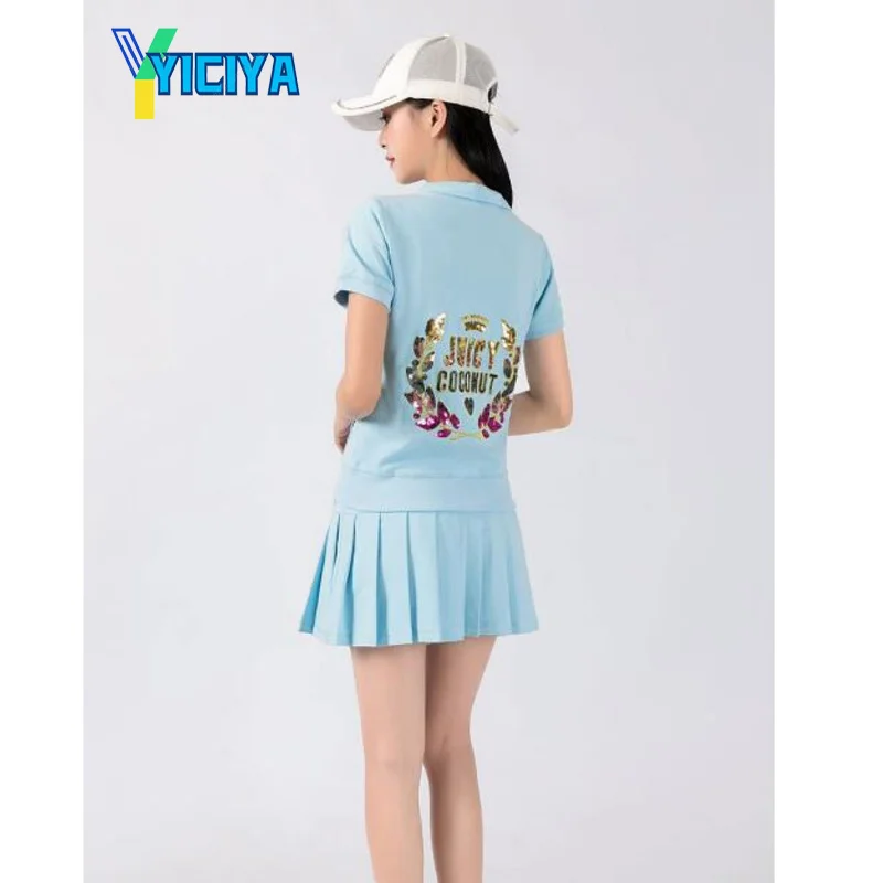 YICIYA krátky rukáv skladaná sukňa vyhovovali žien vysoký pás verziu slim temperament tenis rekreačný šport dvoch kus,splnené 2