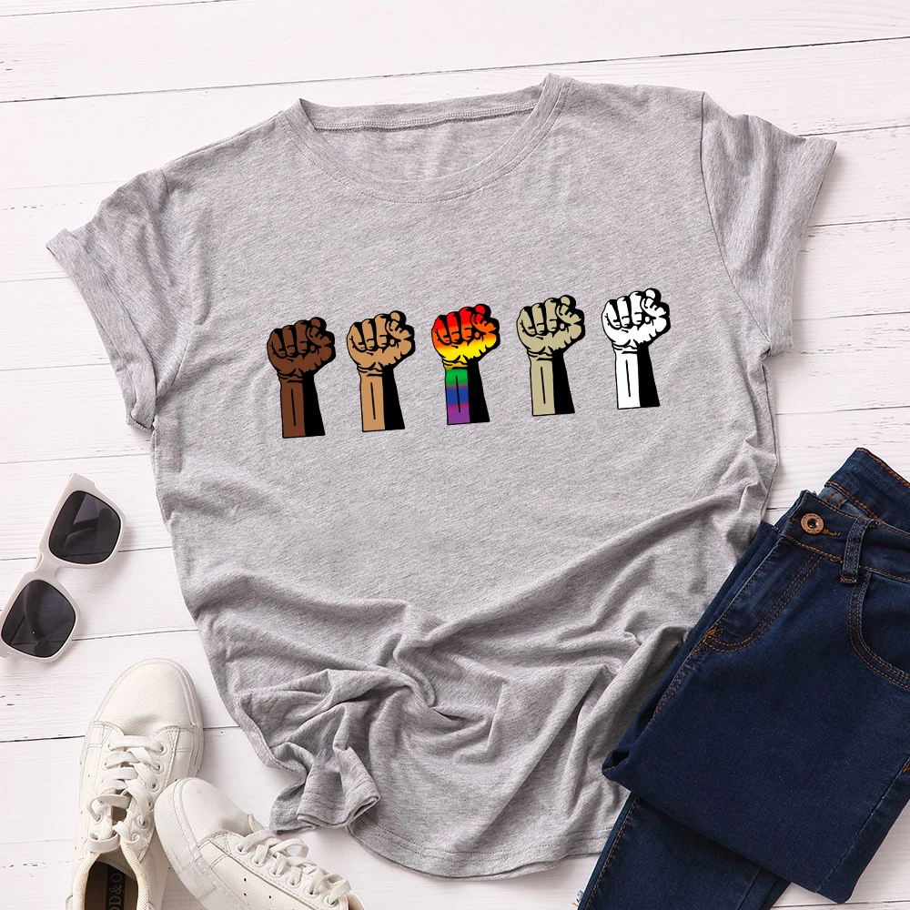 Ženy Krátky Rukáv Bavlna T-Shirts Grafické Tees Letné Tee Topy pre Ženy Voľné Bežné Nadrozmerné Tee Šaty Zdvihol Päsť Tlač 3