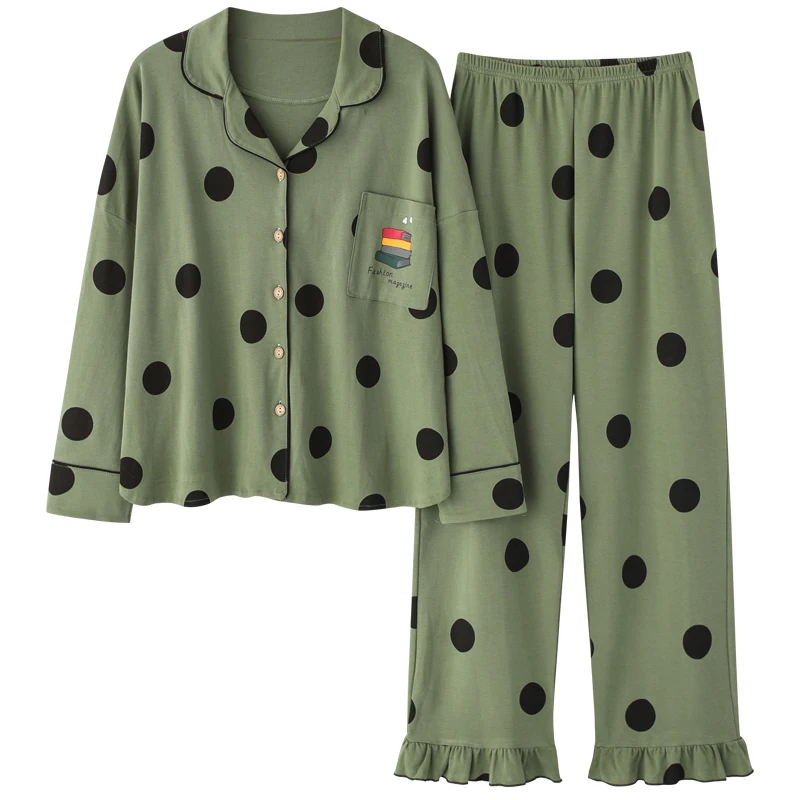Nové Módne Sleepwear Žien Bavlna Cute Pyžamo Dievčatá Dlhý Rukáv Topy+Nohavice S Vreckami Polka Dot Bežné Salónik Nosenie 1