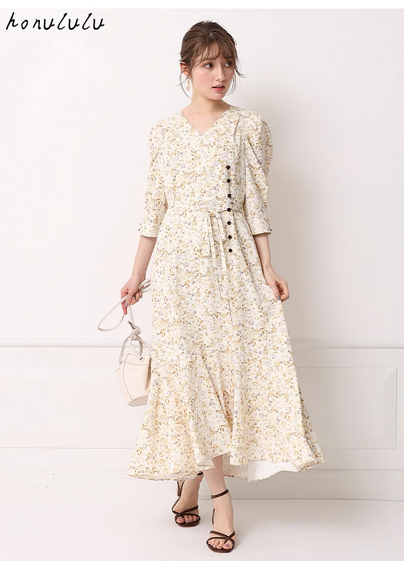 2021 jar nový Japonský vytlačené krajky-up pás tlačidlo kvetinové šaty ženy 2