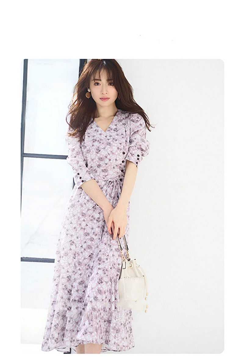 2021 jar nový Japonský vytlačené krajky-up pás tlačidlo kvetinové šaty ženy 5