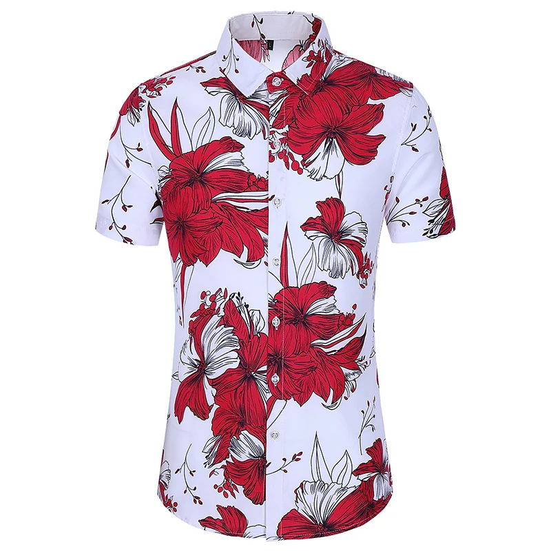 2021 Lete Nové Nadrozmerné Mens Košele Tlač Kvet Havajské Tričko Krátky Rukáv Pánske Košele Bežné Slim Fit 1