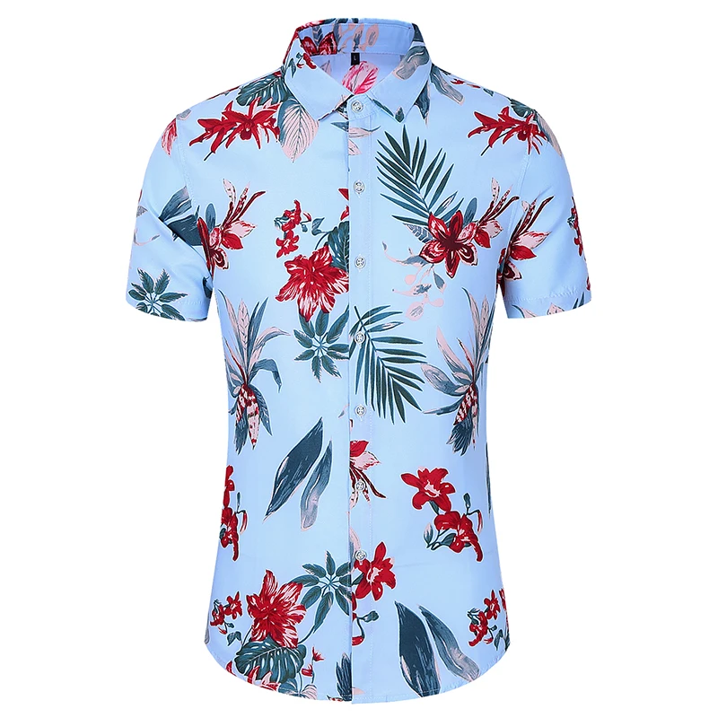 2021 Lete Nové Nadrozmerné Mens Košele Tlač Kvet Havajské Tričko Krátky Rukáv Pánske Košele Bežné Slim Fit 5