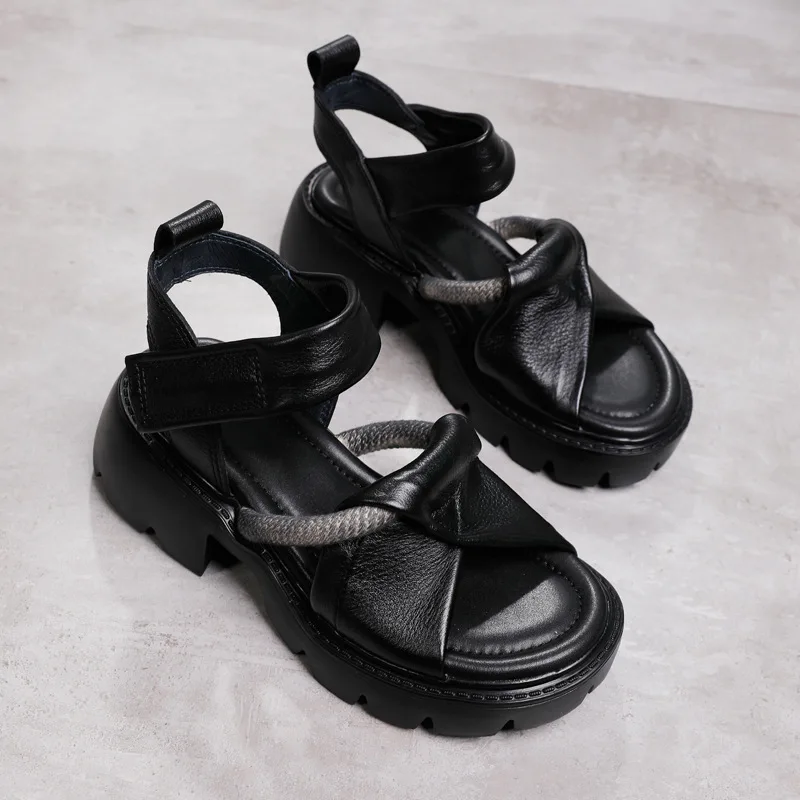 Johnature Ženy Sandále Letné Topánky Retro Pravej Kože 2021 Nové Háku & Slučky Kliny Ručné Voľný Čas Platformu Sandále 0