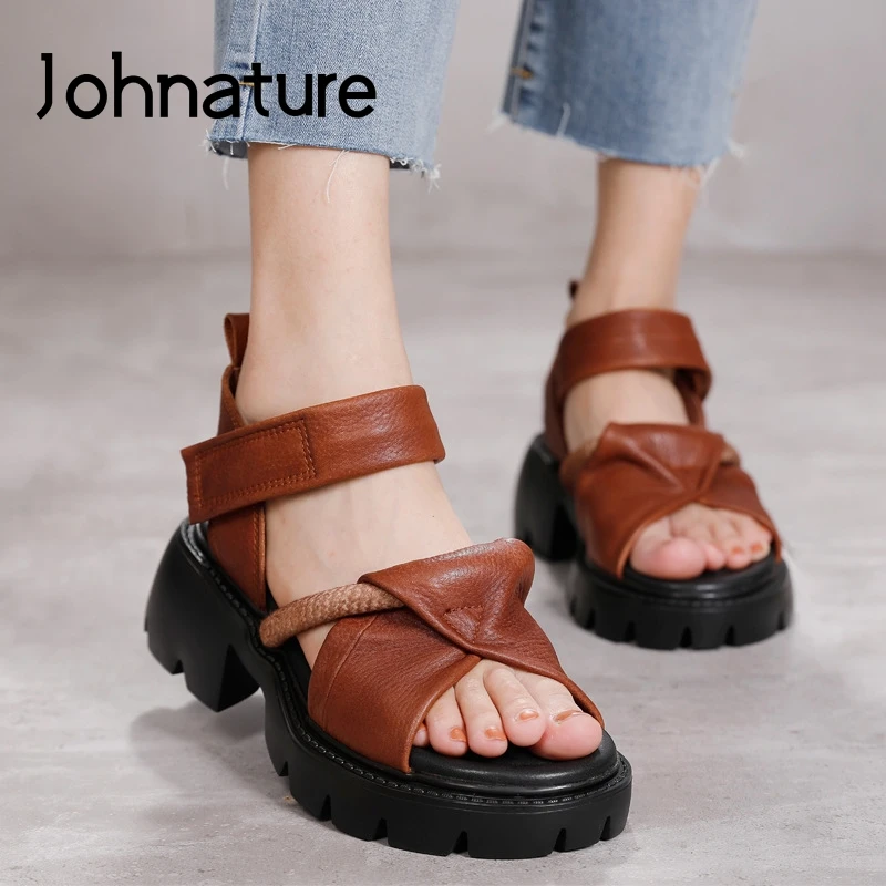 Johnature Ženy Sandále Letné Topánky Retro Pravej Kože 2021 Nové Háku & Slučky Kliny Ručné Voľný Čas Platformu Sandále 1