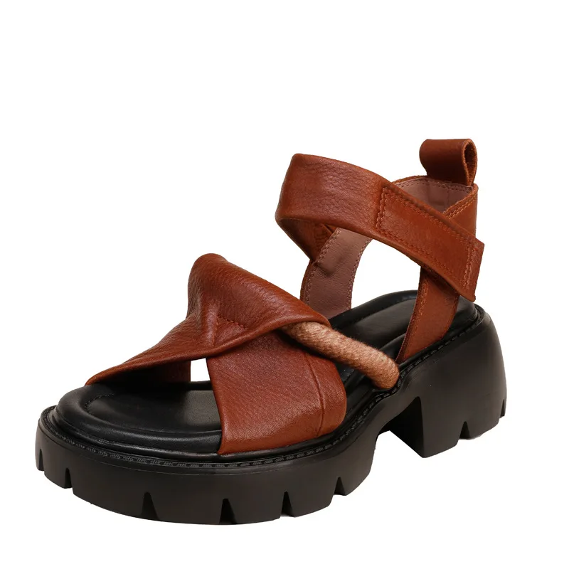 Johnature Ženy Sandále Letné Topánky Retro Pravej Kože 2021 Nové Háku & Slučky Kliny Ručné Voľný Čas Platformu Sandále 5
