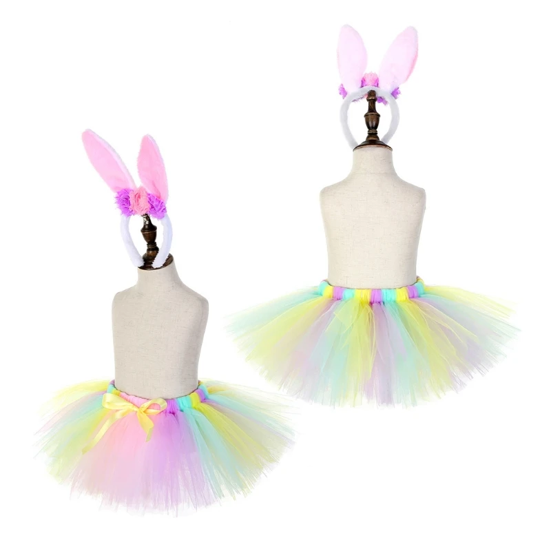 Deti, Baby, Dievčatá Macaron Rainbow Farebné Tutu Sukne s Králičie Uši Kvet Plyšové hlavový most Veľkonočný Zajačik Cosplay Kostým 0